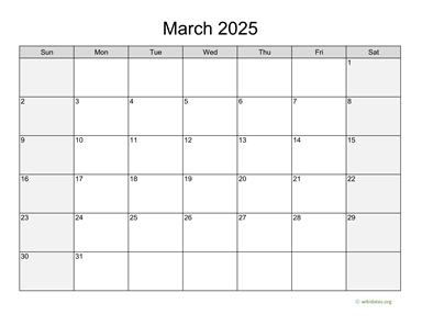 March 2025 Calendar with Weekend Shaded