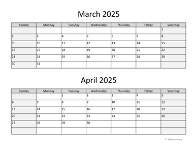 March and April 2025 Calendar Horizontal