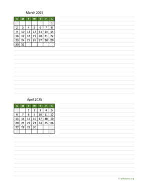 March and April 2025 Calendar with Notes
