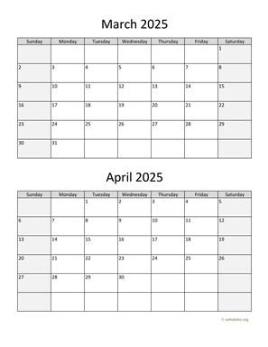 March and April 2025 Calendar Vertical