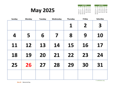 May 2025 Calendar with Extra-large Dates