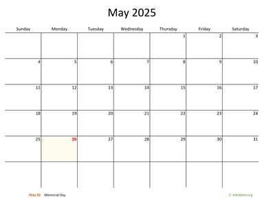 May 2025 Calendar with Bigger boxes