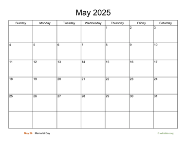 Basic Calendar for May 2025