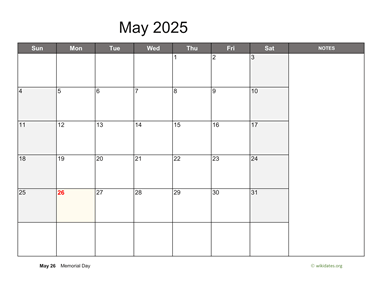 May 2025 Calendar with Notes