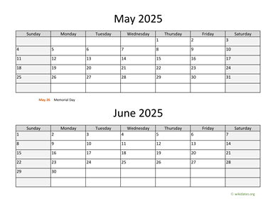 May and June 2025 Calendar Horizontal