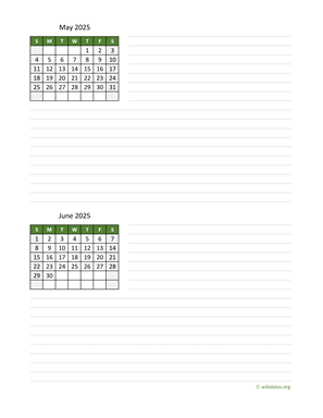 May and June 2025 Calendar with Notes