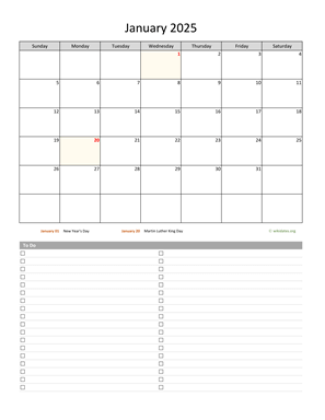 Monthly 2025 Calendar with To-Do List