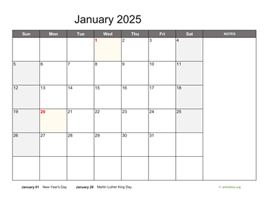 Monthly 2025 Calendar with Notes