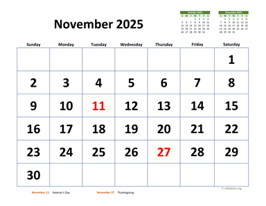 November 2025 Calendar with Extra-large Dates