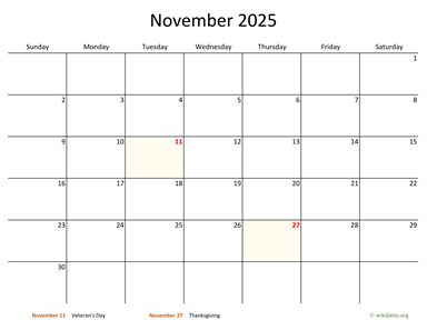 November 2025 Calendar with Bigger boxes