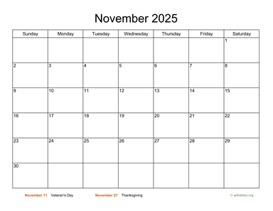 Basic Calendar for November 2025