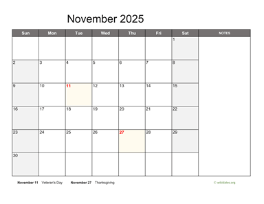 November 2025 Calendar with Notes