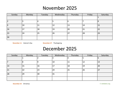 November and December 2025 Calendar Horizontal