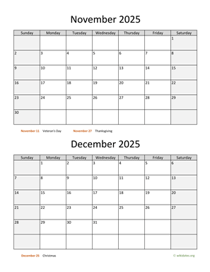 November and December 2025 Calendar Vertical