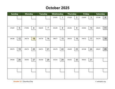 October 2025 Calendar with Day Numbers
