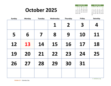 October 2025 Calendar with Extra-large Dates