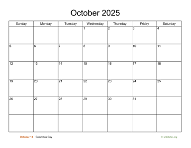 Basic Calendar for October 2025