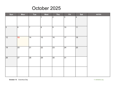 October 2025 Calendar with Notes