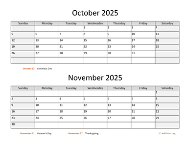October and November 2025 Calendar Horizontal