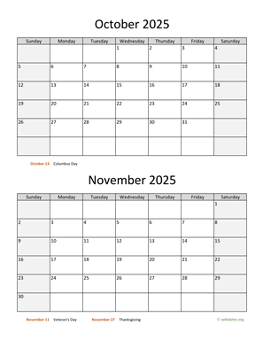 October and November 2025 Calendar Vertical