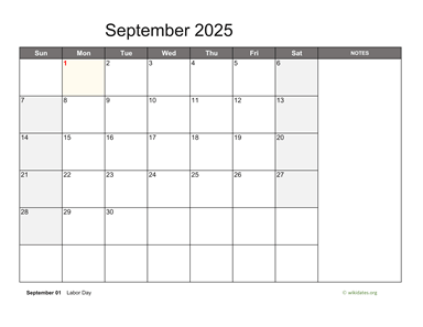 September 2025 Calendar with Notes