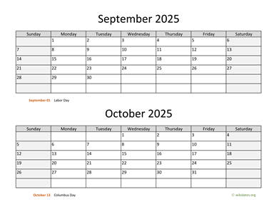 September and October 2025 Calendar Horizontal