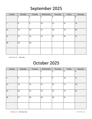 September and October 2025 Calendar Vertical