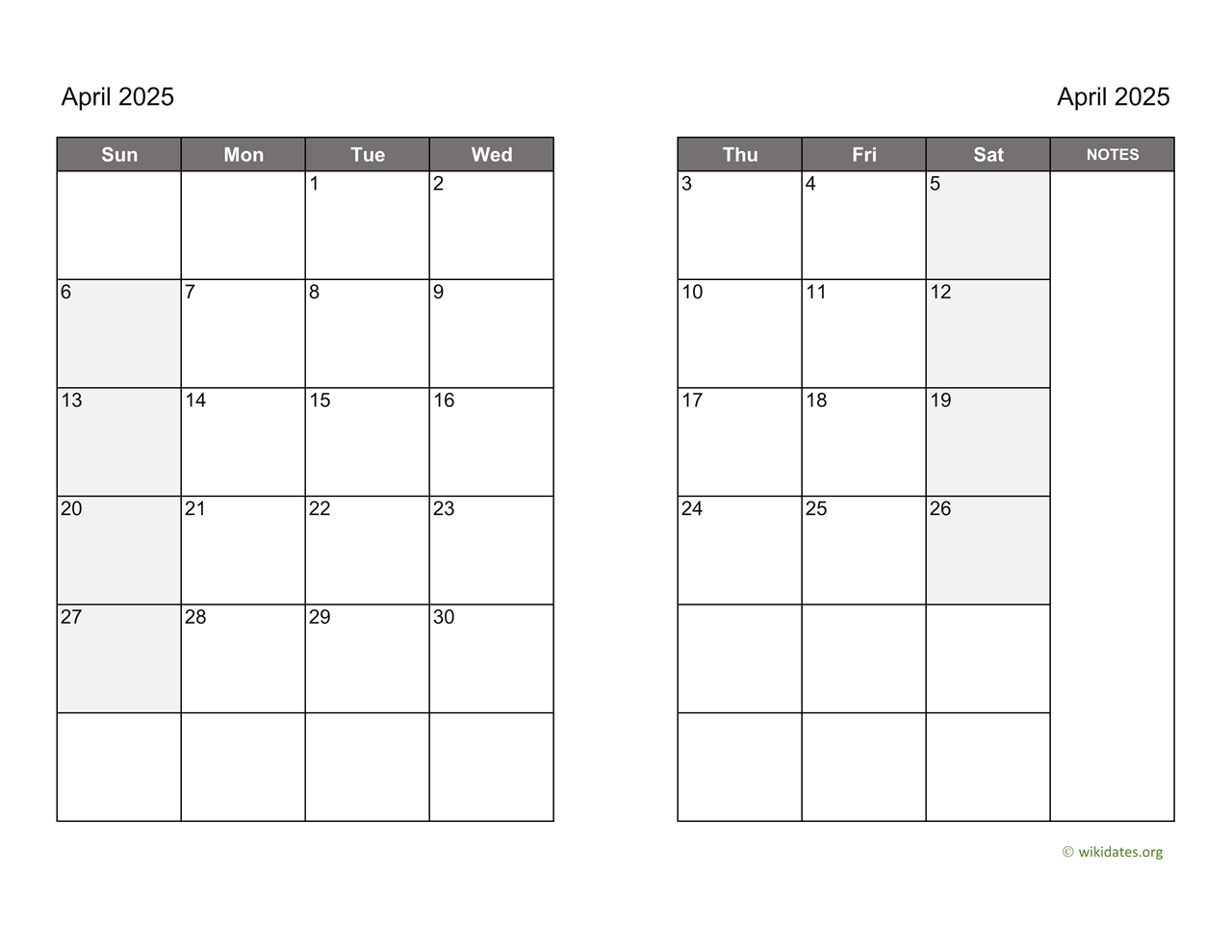 April 2025 Calendar on two pages