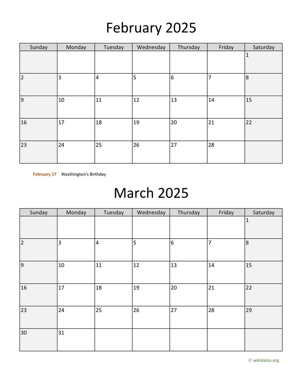 February and March 2025 Calendar