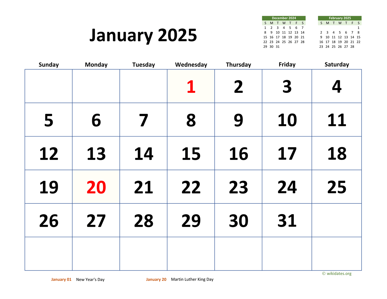 January 2025 Calendar With Extra large Dates WikiDates