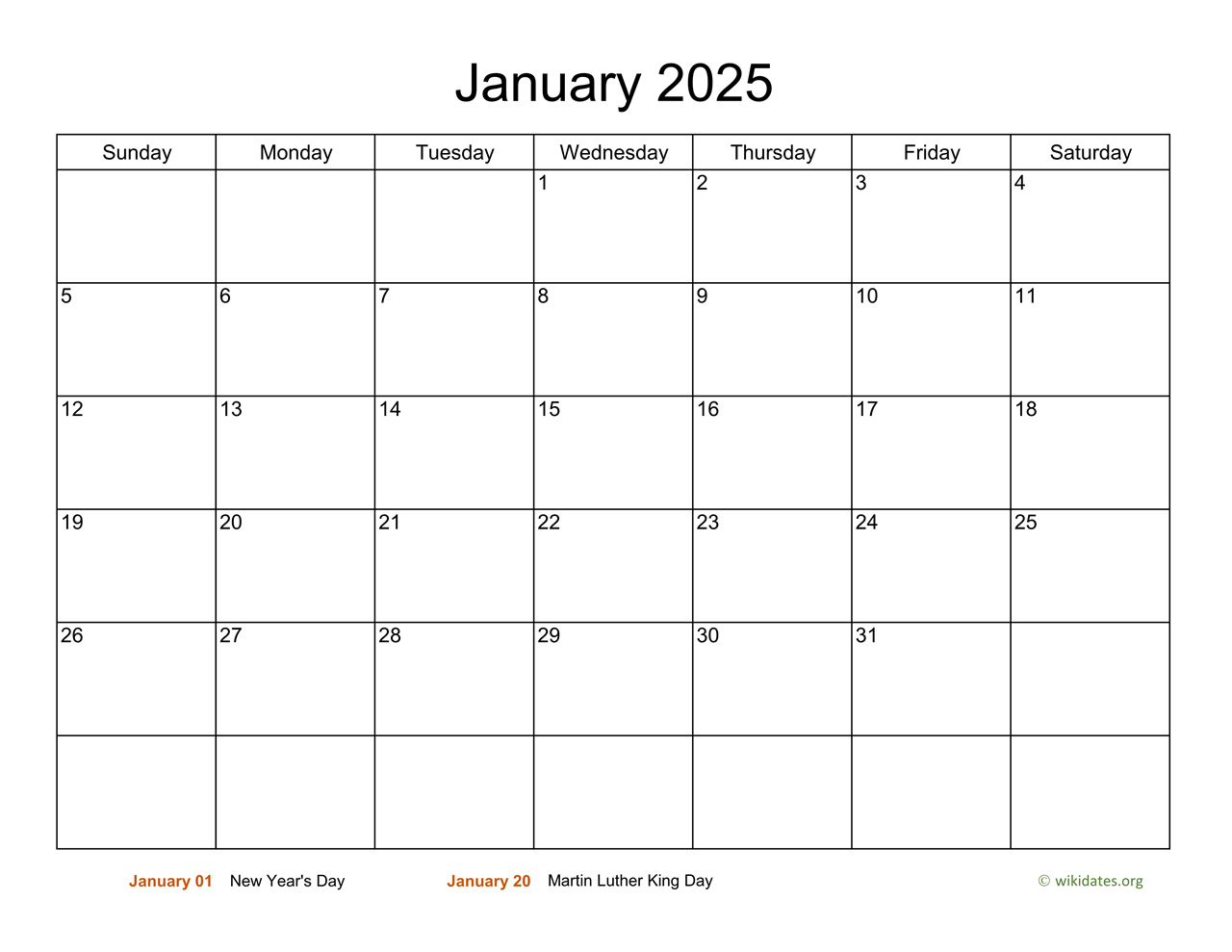 Basic Calendar For January 2025