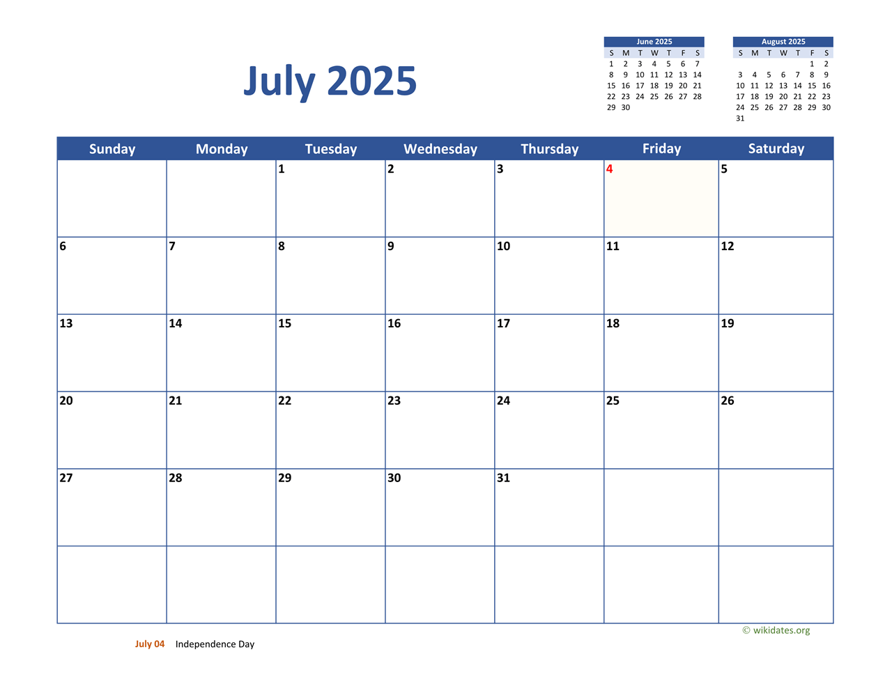 July 2025 Calendar Classic WikiDates