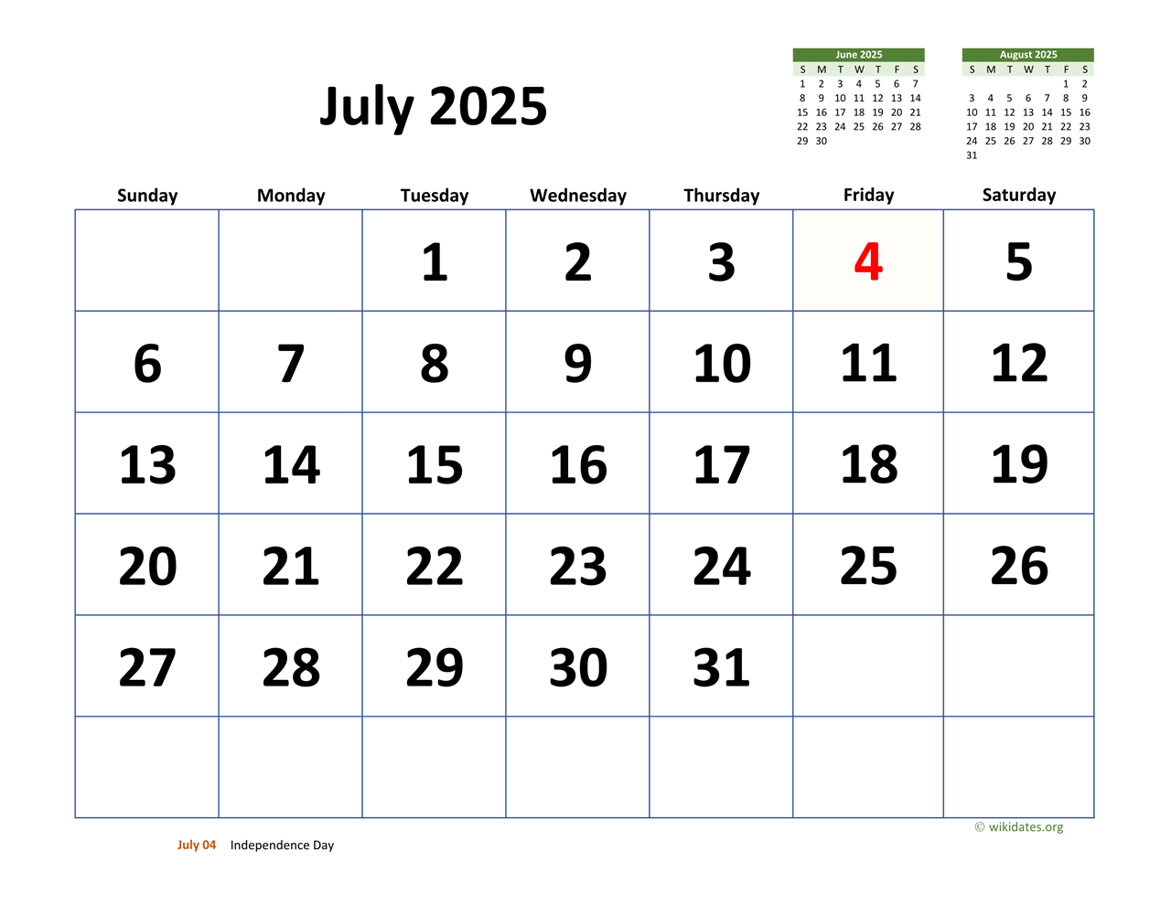 July 2025 Calendar With Extra large Dates WikiDates