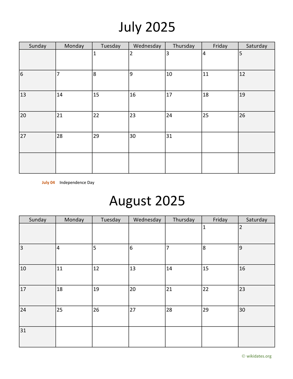 July And August 2025 Calendar WikiDates