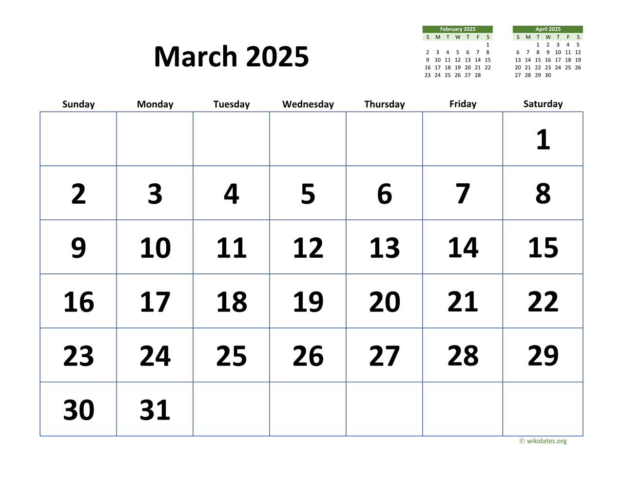 March 2025 Calendar With Extra Large Dates