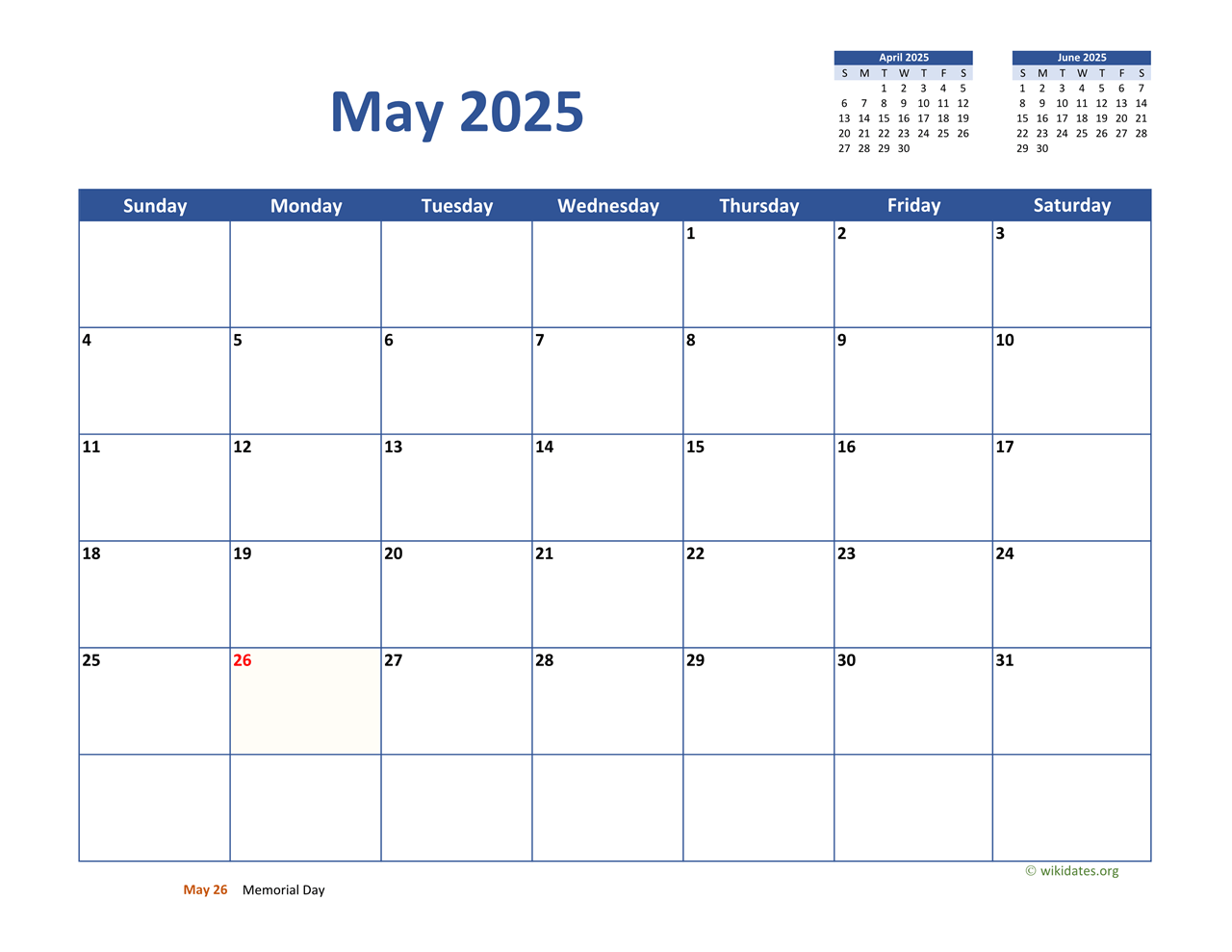 May 2025 Calendar Classic WikiDates