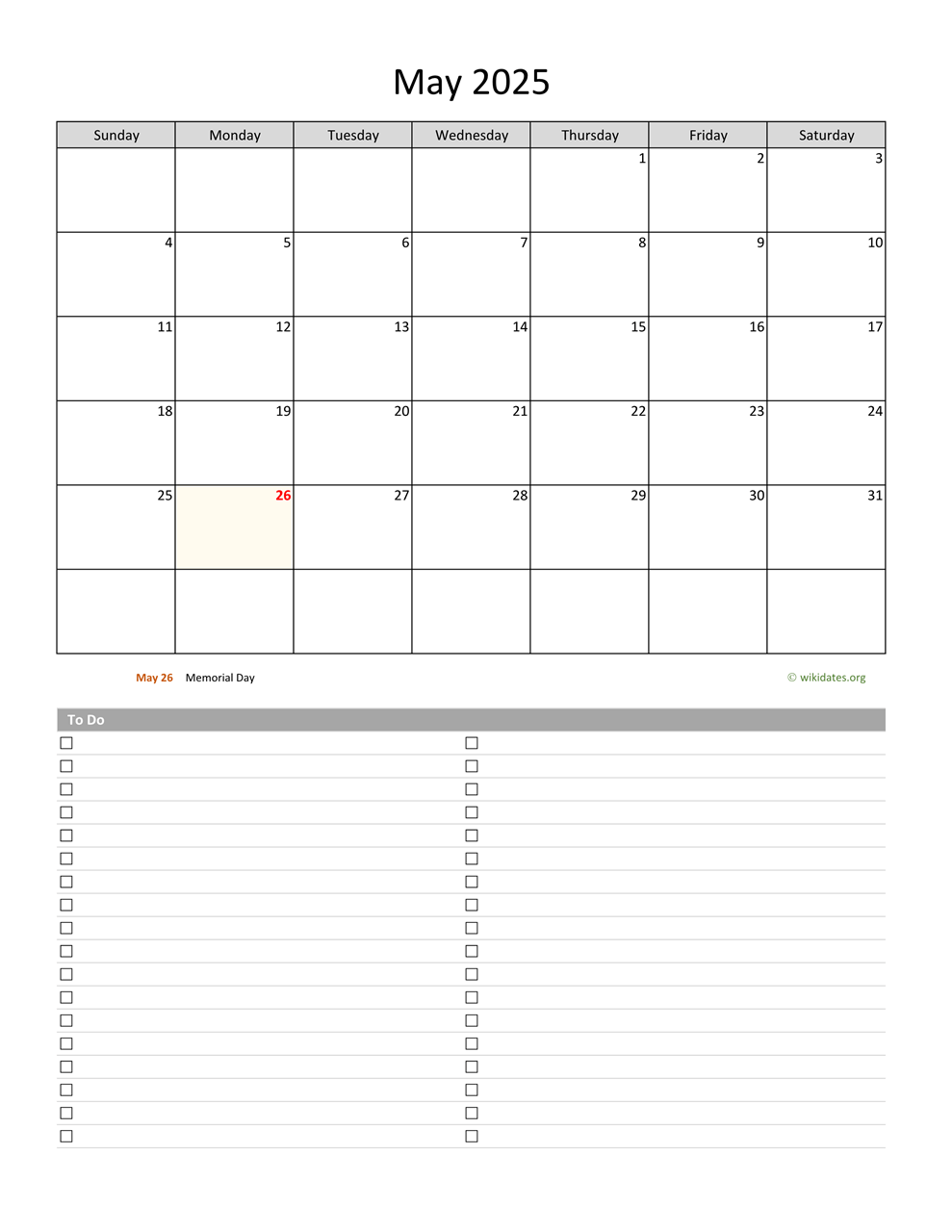 May 2025 Calendar with ToDo List