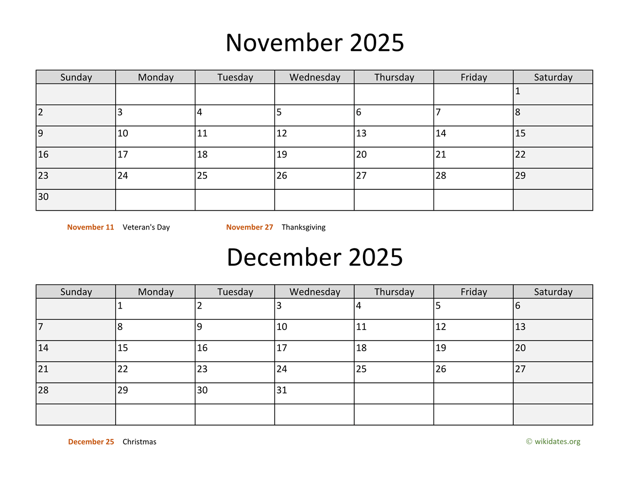November And December 2025 Calendar WikiDates