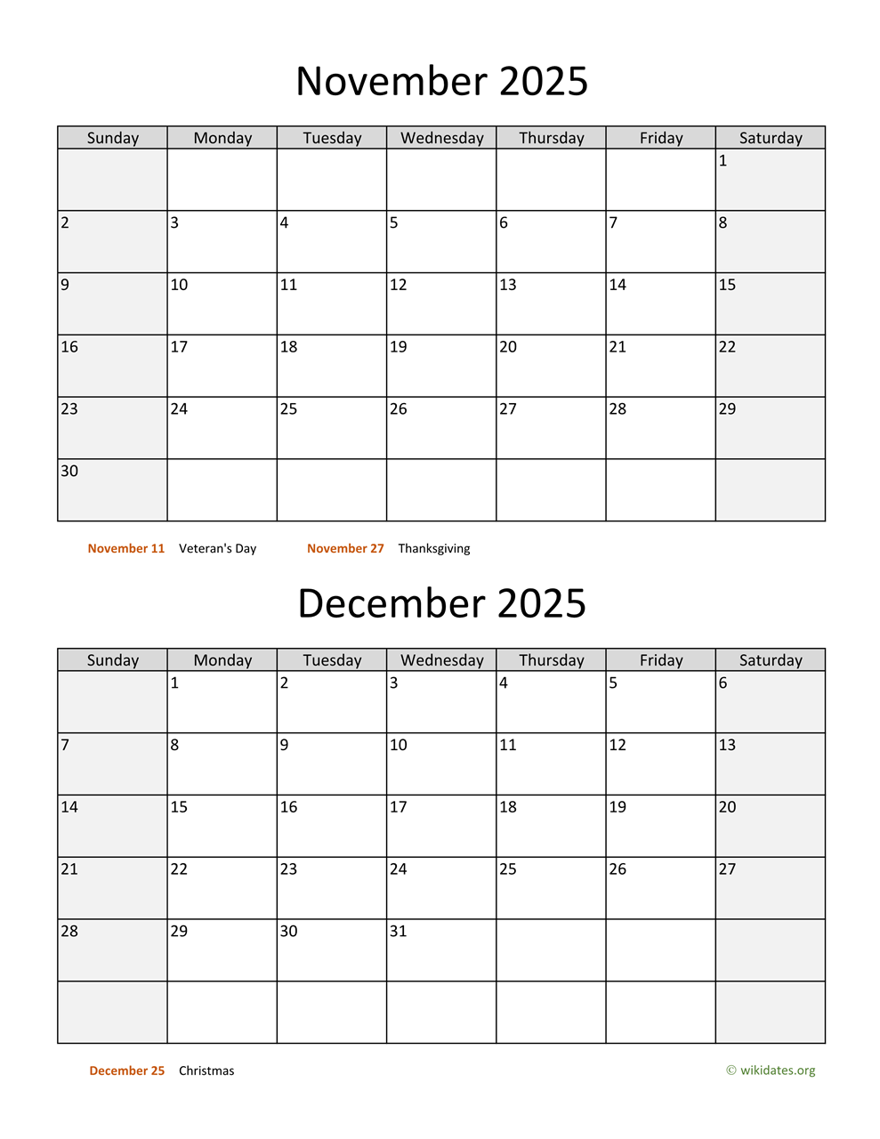 November And December 2025 Calendar WikiDates