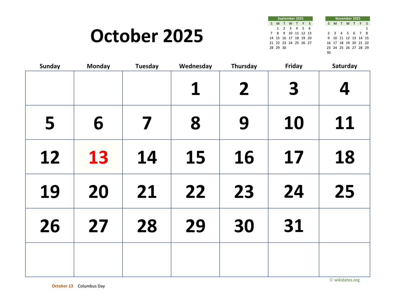 October 2025 Calendar With Extra large Dates WikiDates