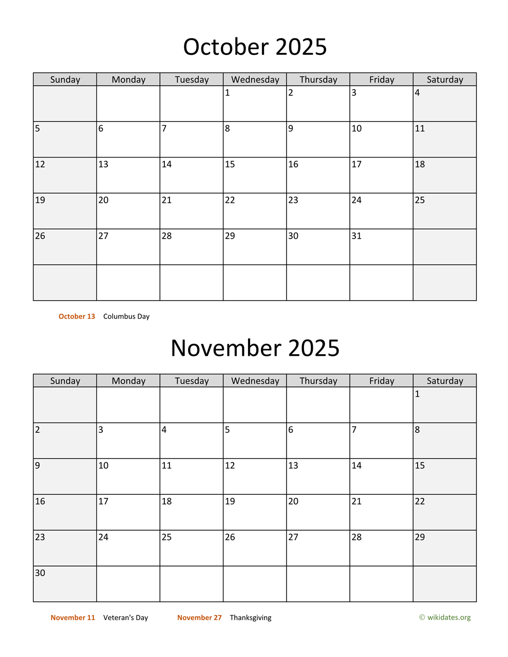 October And November 2025 Calendar