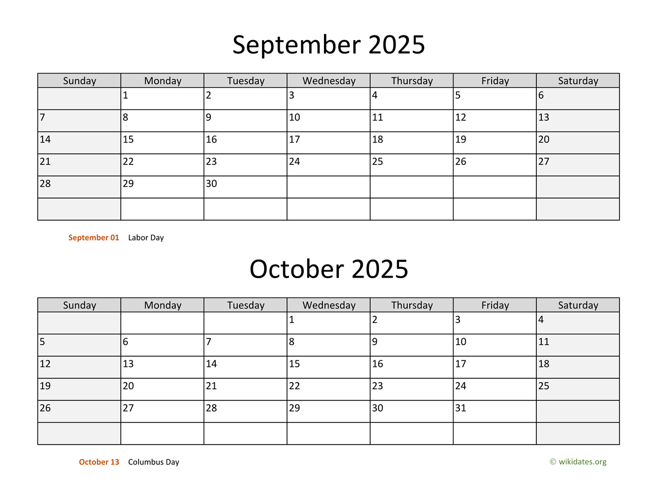 September And October 2025 Calendar WikiDates