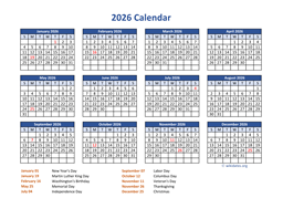 PDF Calendar 2026 with Federal Holidays