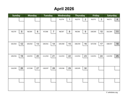 April 2026 Calendar with Day Numbers