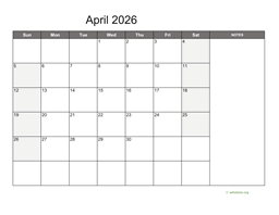 April 2026 Calendar with Notes