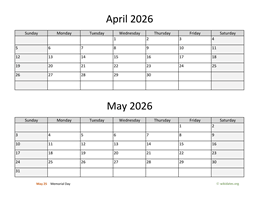 april and may 2026 calendar