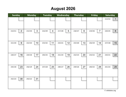 August 2026 Calendar with Day Numbers
