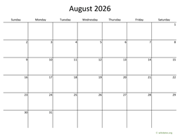 August 2026 Calendar with Bigger boxes