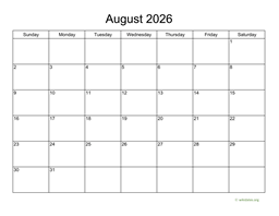 Basic Calendar for August 2026