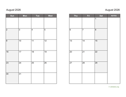 August 2026 Calendar on two pages